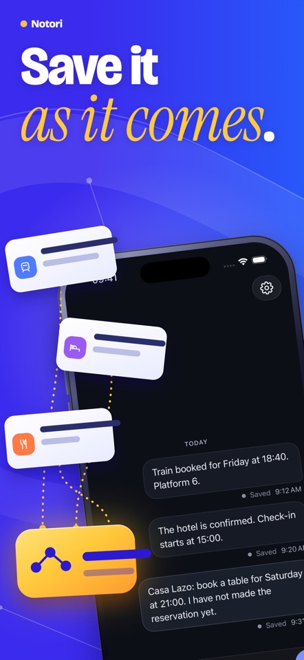 Notori for iPhone: save a train booking, hotel details and a restaurant recommendation in one place.